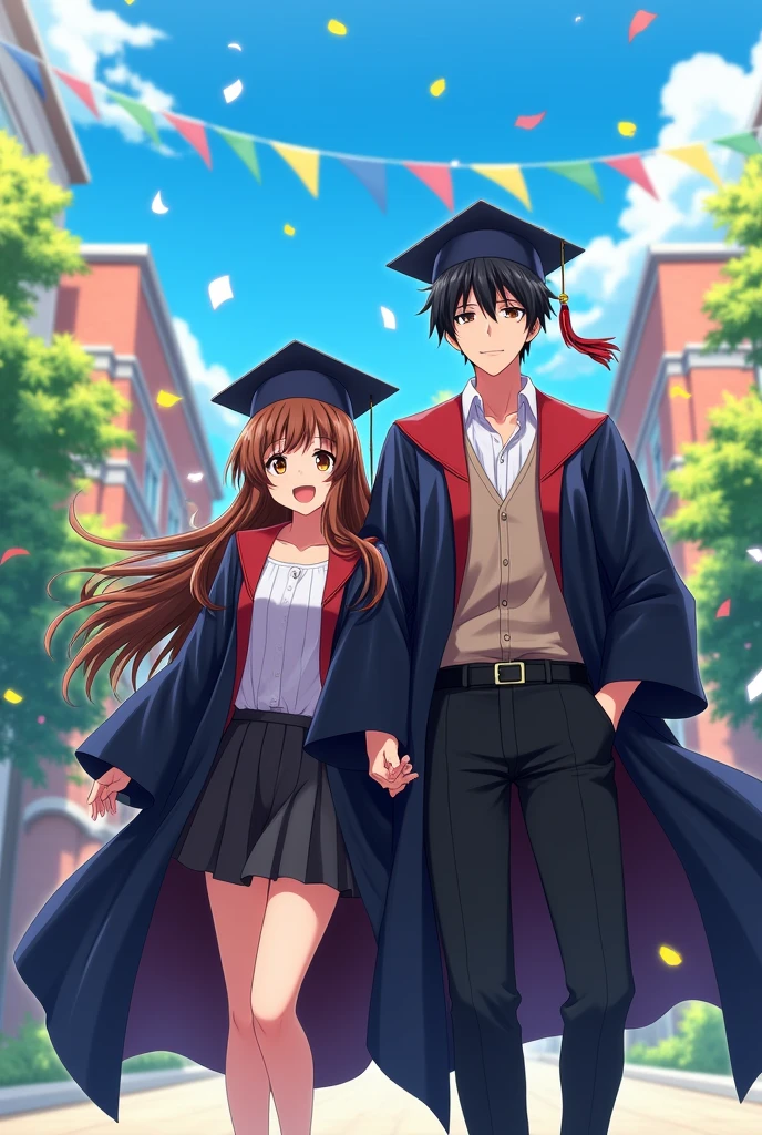 An anime man with black and dark maroon eyes and he is wearing a graduation robes and with him is standing an anime woman with long middle brunette hair and dark brown eyes and she is wearing a graduation robes and are  merrily coming outta highschool and they both are wearing graduation hats
