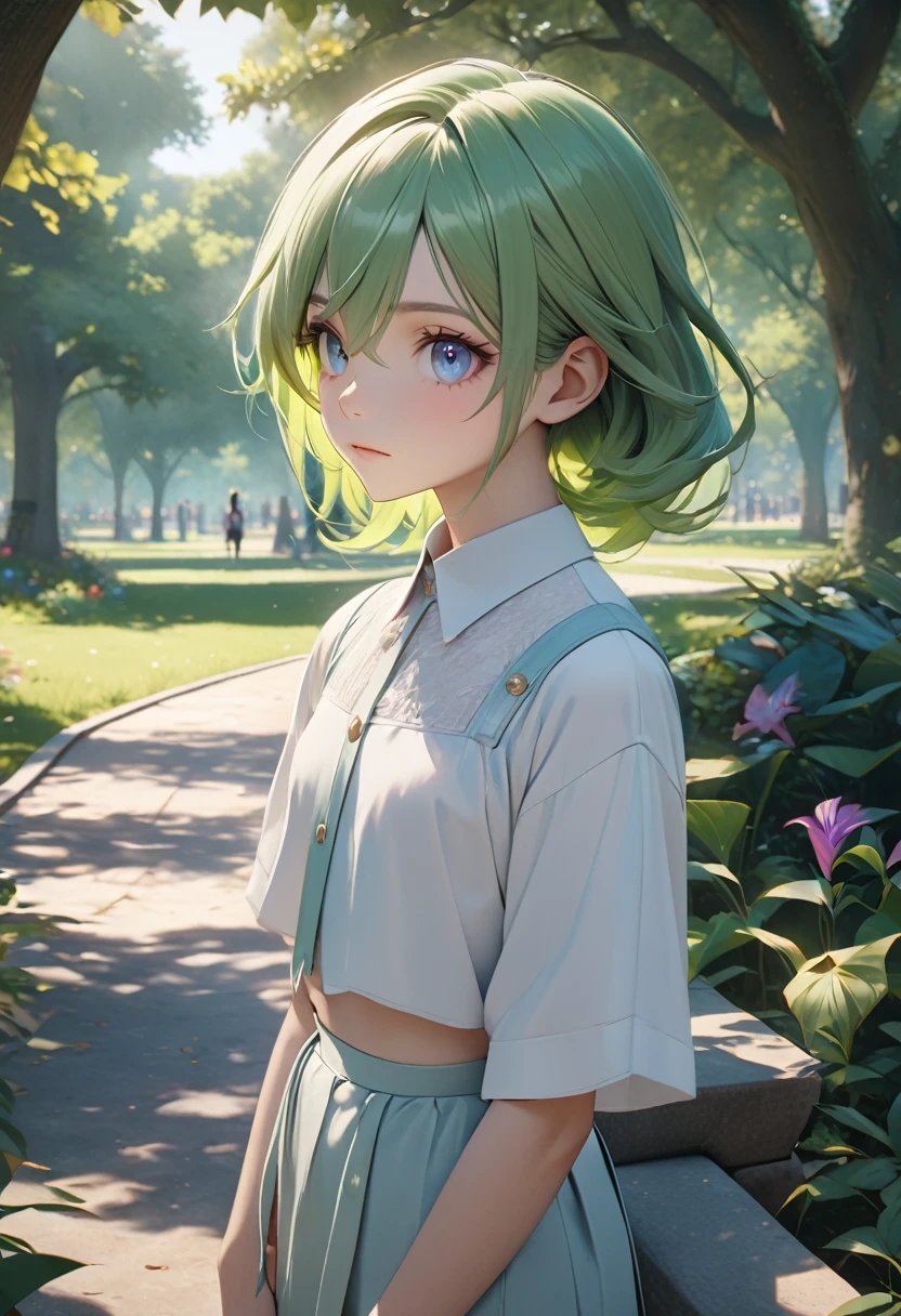 A beautiful, serene Pokemon with green hair, flat chest, detailed eyes, in a park setting, cinematic, masterpiece, high quality, 4k, 8k, hyperrealistic, photorealistic, ultra-detailed, vibrant colors, natural lighting, elegant, androgynous