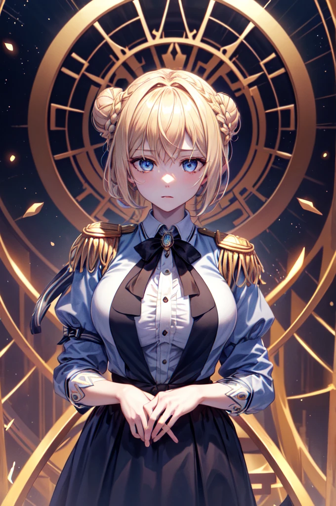 ((masterpiece)), (Highest quality), Official Art, Highly detailed CG, unity 8k wallpaper, Super detailed, 
One person, Sandy blonde hair, Braided bun, blue eyes, Expressionless, Large Breasts, 
Edge elegant, wearing Edge elegant, Epaulettes, Upper Body, 
 Whispering void, Buzzing reverberation, hidden passage, Abode of ancient spirits,