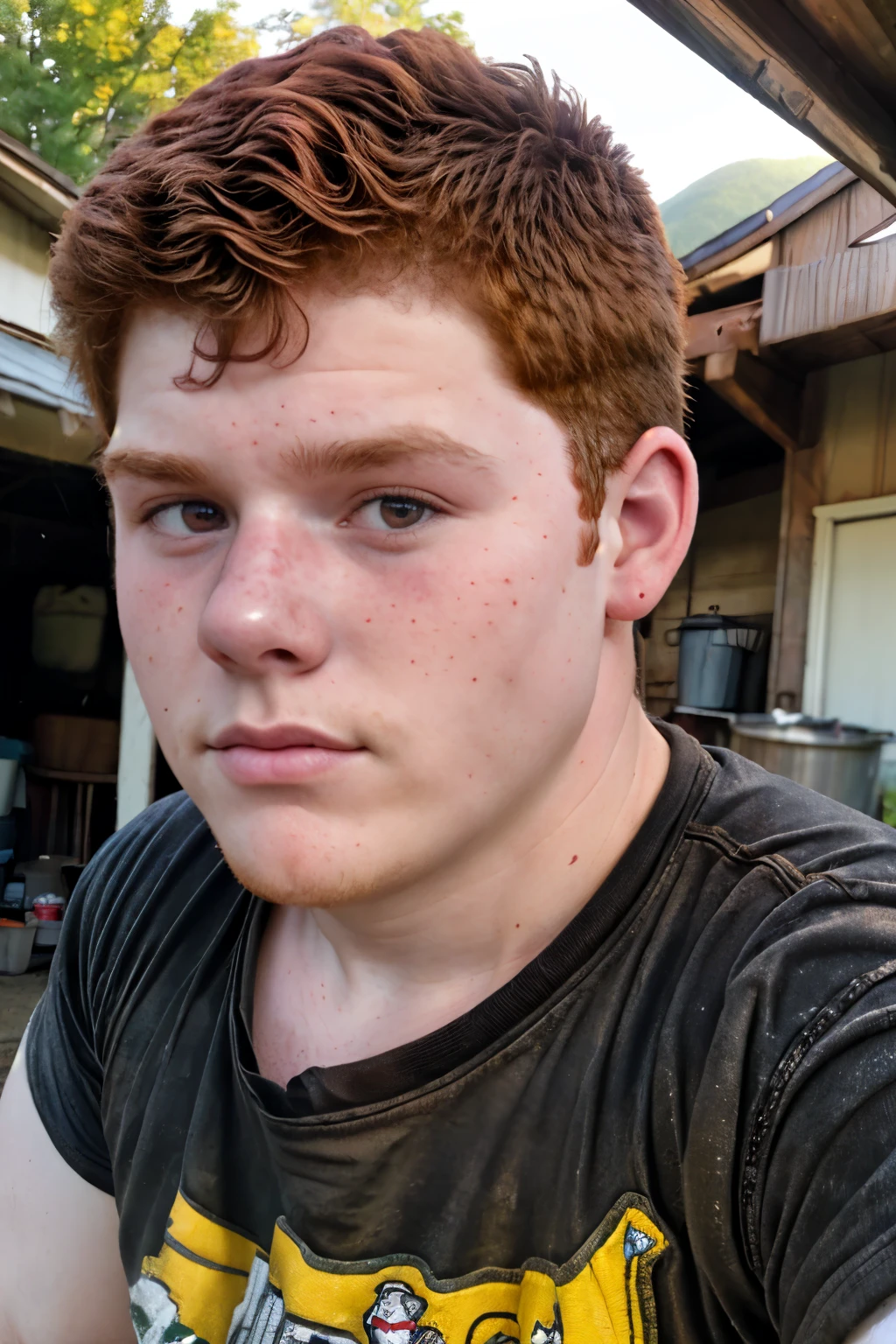 open photo of a (Bully Appalachian Redneck 20 years old dg_Dale, boy, brat:1.1), Close up dark red hair, T-Shirt, detailed, outside, mit Puppy Maske