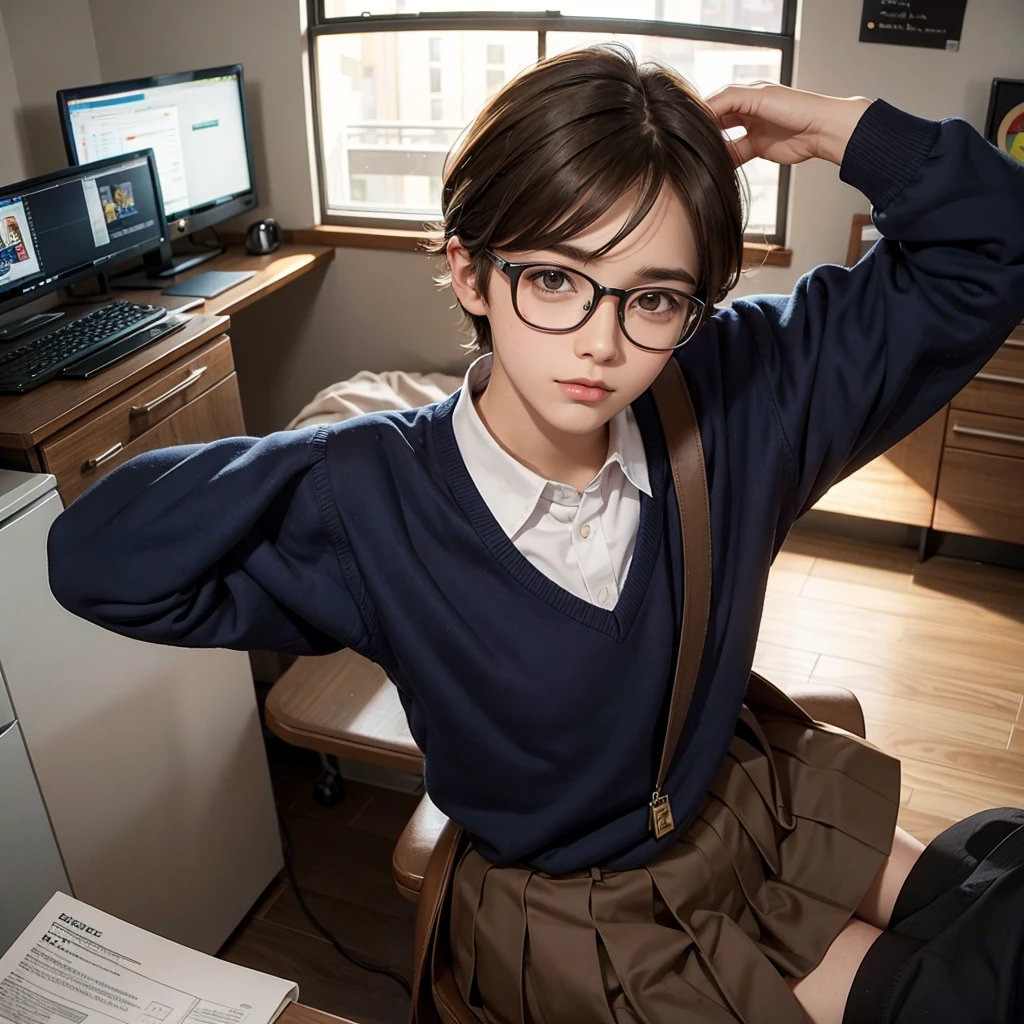 Brown haired nerd boy, He has glasses and a school uniform