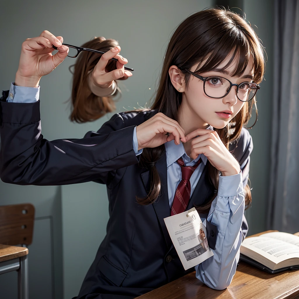 Brown haired nerd boy, He has glasses and a school uniform