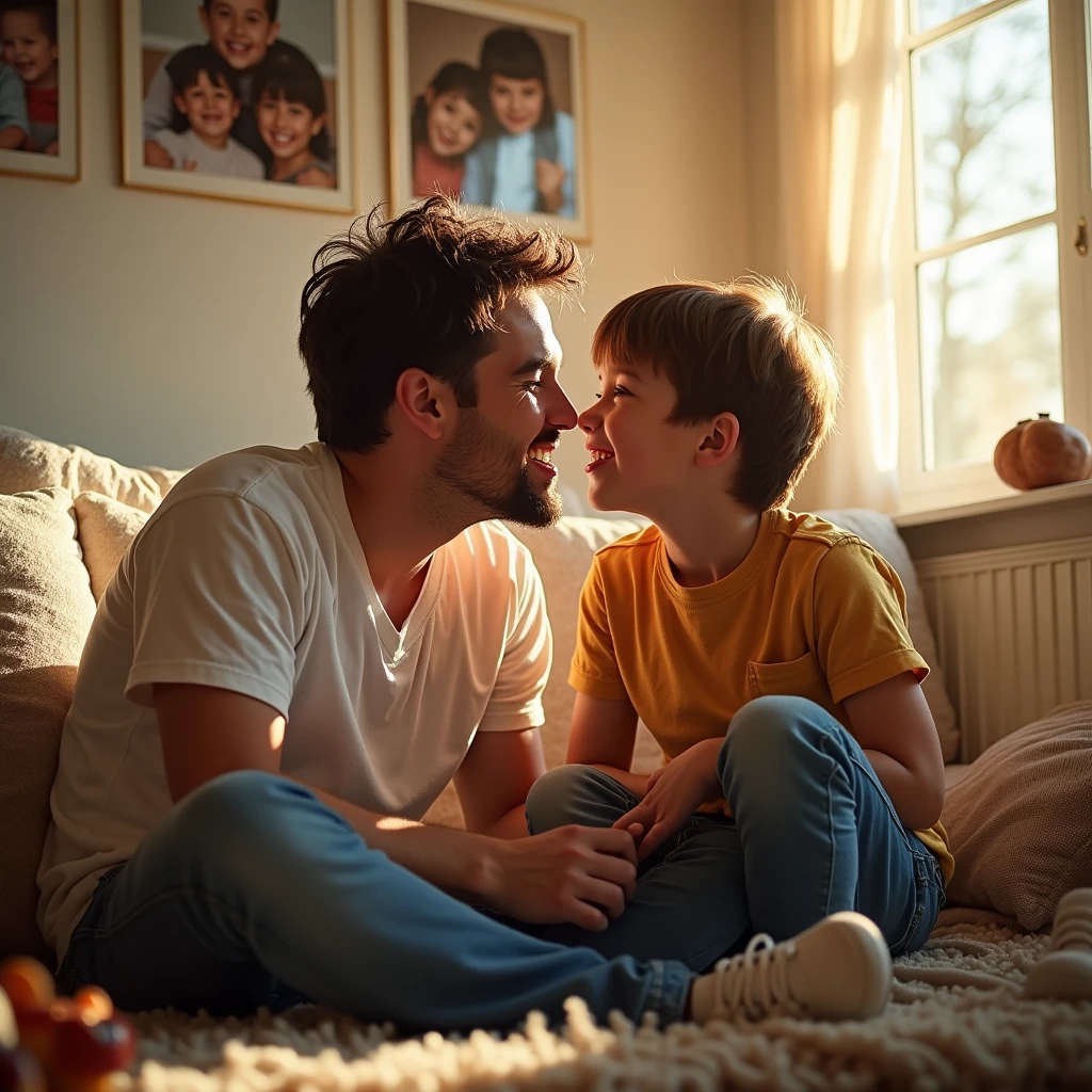 A 13-year-old boy is kissing his dad on the mouth