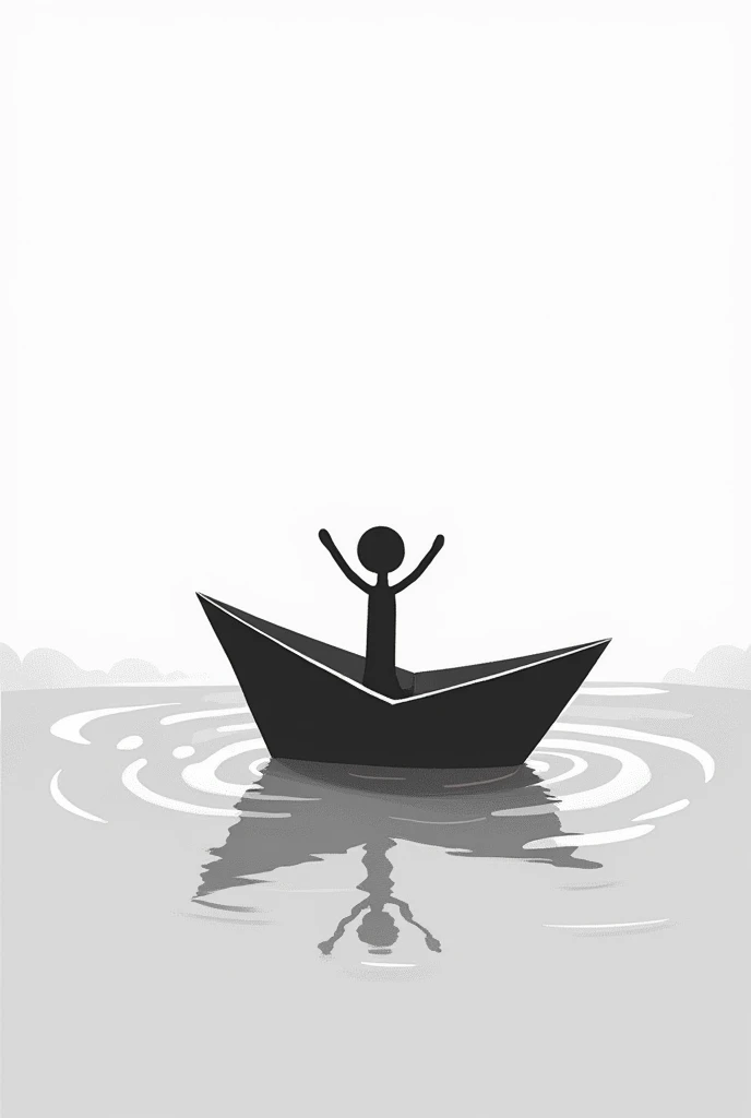 paper boat with a stick figure sailing in it, simple drawn and black and white image
