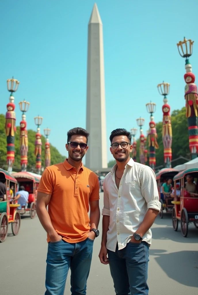 2 handsome men in front of the Jakarta , Indonesia, Monumen Nasional monument with traditional rickshaw, ondel ondel, and other Jakarta's caleidoscope of unique displays