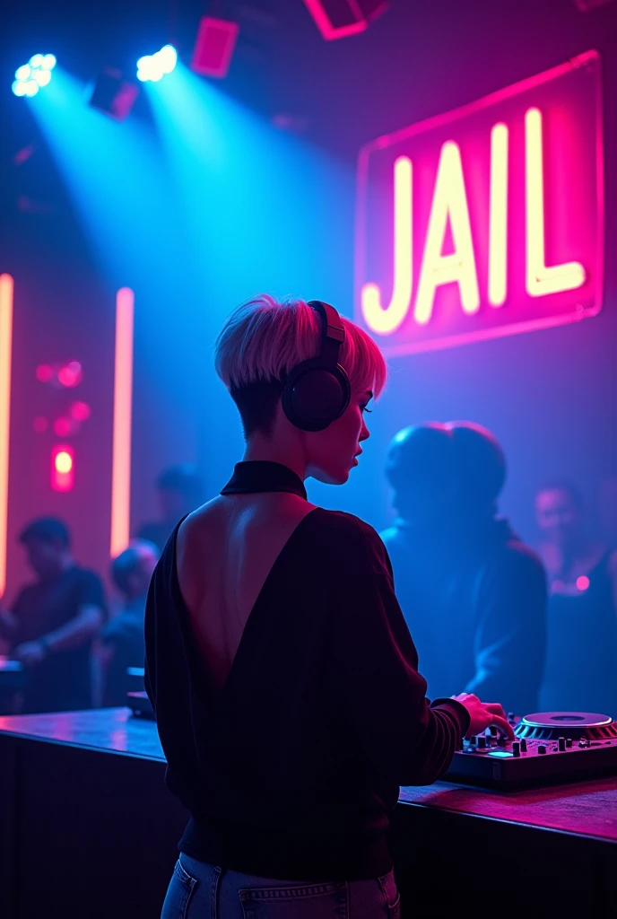 A neon sign that says JAIL。In the background is a cool woman DJing at a club.。3d