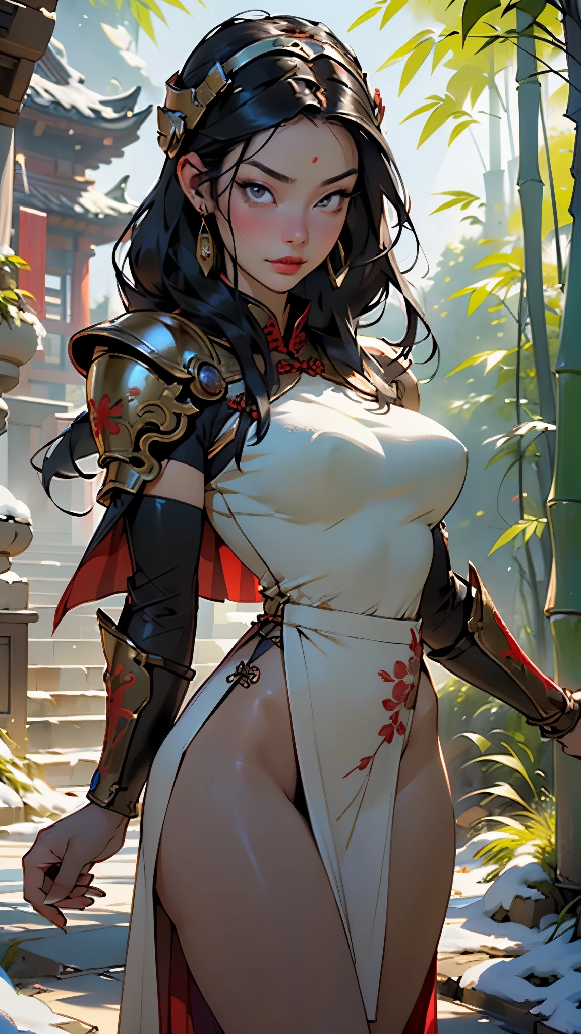 (((Mulan))),chinese girl from ancient china,1girl,

(large breasts:1.4),((((very long hair, black hair)))),(((black_eyes:1.3))),intricate eyes,beautiful detailed eyes,symmetrical eyes,((((lustrous skin:1.5,tanned skin,bright skin: 1.5,skin tanned,shiny skin,very shiny skin,shiny body,Reflective skin)))),(spider lower abdomen,narrow waist,wide hip,athletic body,inflated legs,thick thighs,(detailed face)),beautiful detailed lips,

cute,slutty,sensual,seductive look,seductive,((erotic)),opulent,sumptuous,((nsfw)),

(((AS-Adult))),(((Chinese girl))), a knight wearing a phoenix helmet and dark blue armor, (helmet), long eyelashes, sexy red lips,(top of the body wears dark color),(Blue armor made of fish scales and iron sheets), (The armor was also inlaid with golden stars), (Red skirt: 1.2), (The skirt part is floral embroidery:1.2), (The cape is decorated in black and gold),Kungfu,Chinese suit, Armor,

(flirtatious pose:1.3), looking at viewer,determined expression,centered,scale to fit dimensions,Rule of thirds,

outdoors,(waterfall,bamboo,river,snow bamboo forest,japanese temple,red lanterns burning,temple in the snow forest,mossy stairway in the temple,dilapidated temple,bamboo sanctuary,),scenery,extremely scenery,winter,scenery:1.25,((intricate scenery)),((snow bamboo forest background)),

(Glossy chinese ornaments),highres,sharp focus,(ultra detailed,extremely detailed),(photorealistic artwork:1.37),(extremely detailed CG unity 8k wallpaper),(((vibrant colors,vibrant theme))),(intricate),(masterpiece),(best quality),artistic photography,(photography taken by sldr),(intricate background),perfect rendered face,perfect face details,realistic face,photo realistic,((intricate detail)),(((realism))),
