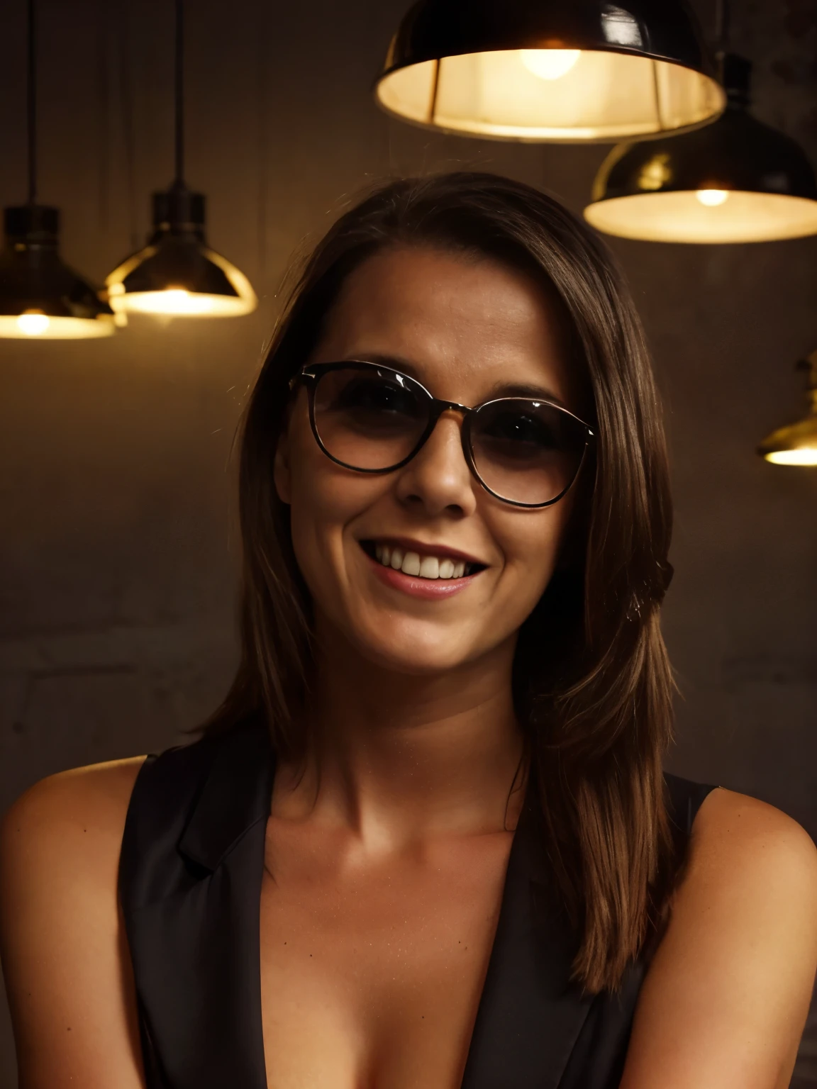 social maffia, modern urban chique bureau, horror business photo of smiling lawyer (WOMAN) with transparent black sunglasses, extrem light from lamp, dark room