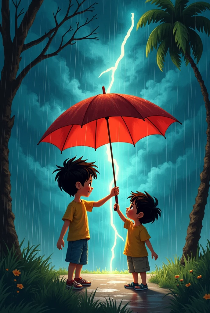 A boy named Miguel helping a friend during a storm. The sky is dark with lightning and heavy rain. Miguel is a nice and kind boy, and the friend is taking shelter under an umbrella. The scene must convey the idea of help and friendship in a stormy environment; the illustration must be and cannot be realistic.


