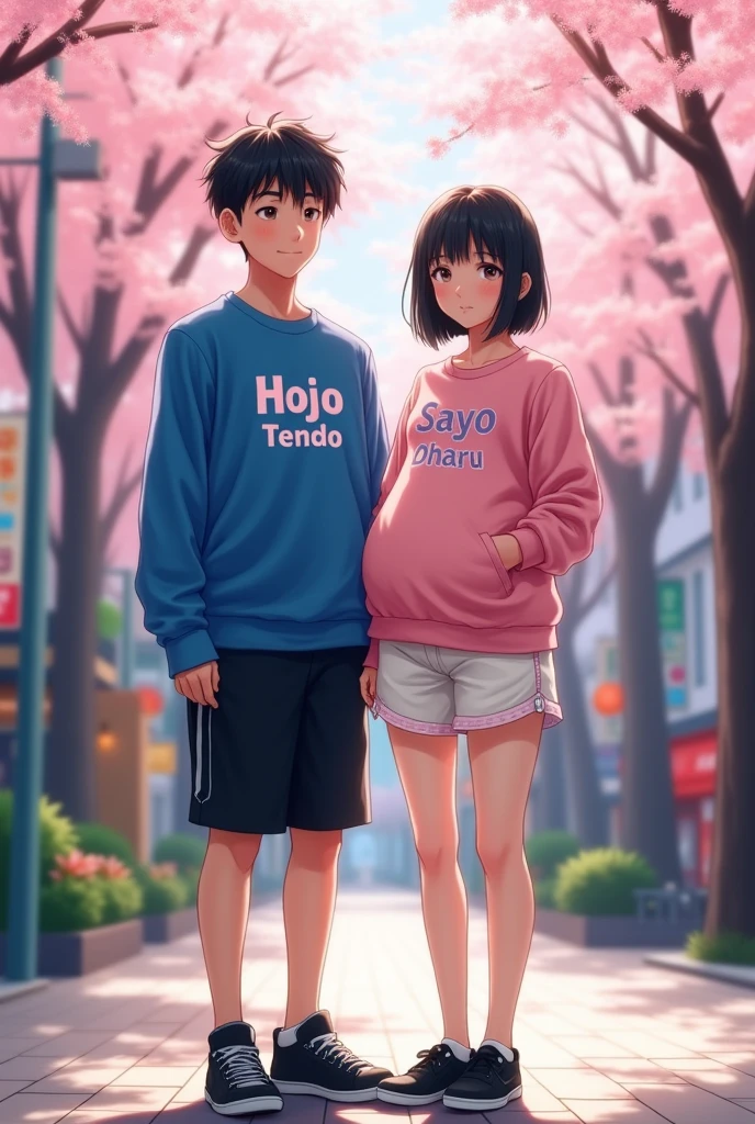 1 Japanese man,Age 16,black short hair,Blue long-sleeved shirt with the words Hojo Tendo written on it. ,black short pants,black shoes ,1 girl,Age 24,black short hair,Pink long-sleeved shirt with Sayo Oharu written on it. ,White shorts with pink side trims,black shoes,Pregnant