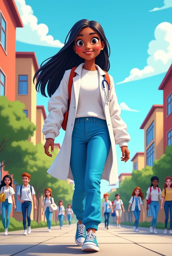 Believe me, a cartoon girl dressed as a doctor walking to the right , both with these characteristics: straight black hair, cinnamon skin blue long pants, White sweater, Fund sneakers at a university  