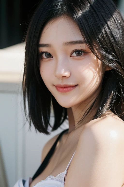 (A 20-year-old Japanese slender beautiful girl), (Small breasts:1.5,)solo, (masterpiece, High resolution, High detail, Highest quality, Very detailed, Ultra high definition, Textured skin,Reality), ((Ray Tracing,Portrait Photography)), Cinematic light effects,Light from an angle, ((realism)), ((Surrealism)),8k octane, ((Natural Makeup)),Aperture value F1.8, (((Black Hair, Shiny Hair, Bob Hair,smile,Composition from the front))),((Super Close-up, Simple Background, Off-screen, ))
