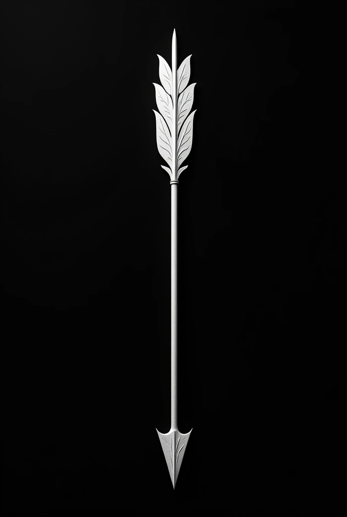 I want a simple image of a long, carved arrow with crescent feather tips crossing the screen from top to bottom vertically.. The white arrow as if drawn by graphite. Completely black background