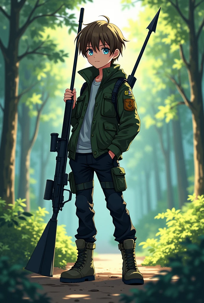 Anime style boy white skin blue eyes straight brown hair green camouflage jacket with black black cap black tactical pants stylish military boots precision hunting rifle hunting spear