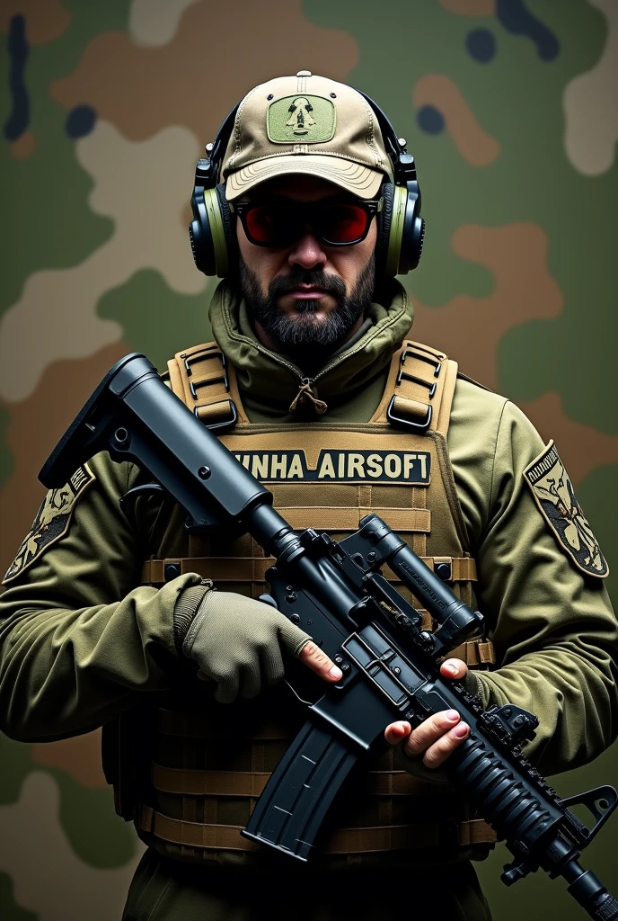 hexagonal rubberized military coat of arms, Camouflage background, arma rifle m4, with name Lukinha airsoft, operator with cap and headphones