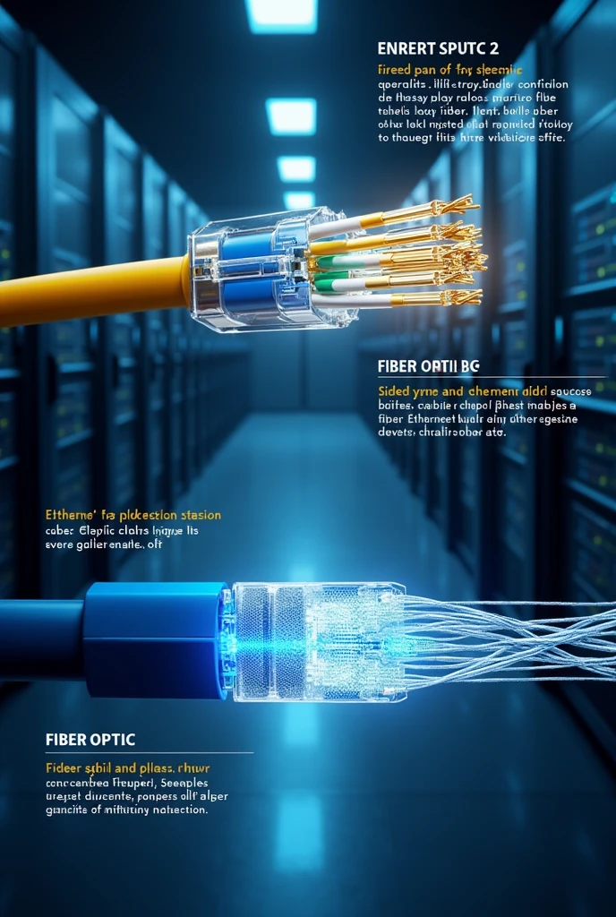 Include images of Ethernet and fiber optic cables with explanatory captions.