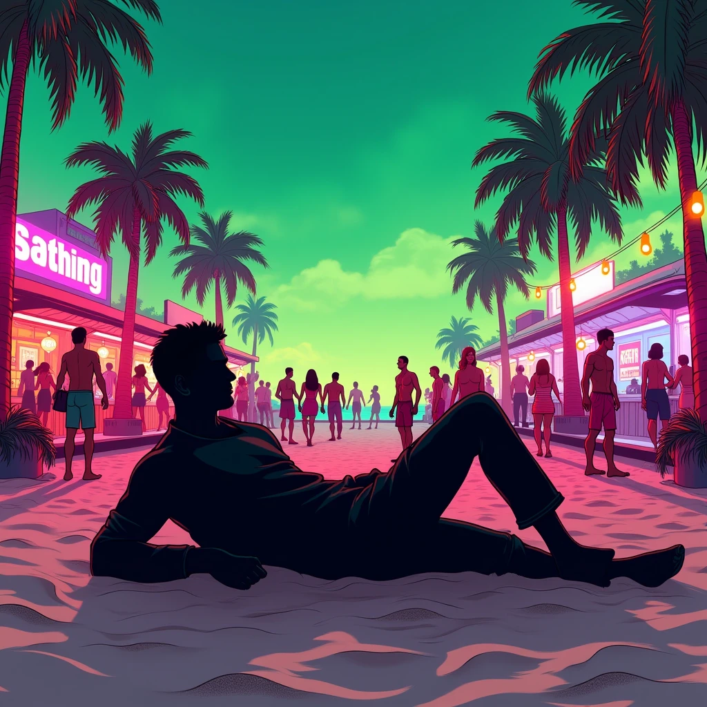 Black shadow of a man at a cartoon style party, the man is on the ground on a beach in Vice City GTA, Green sky