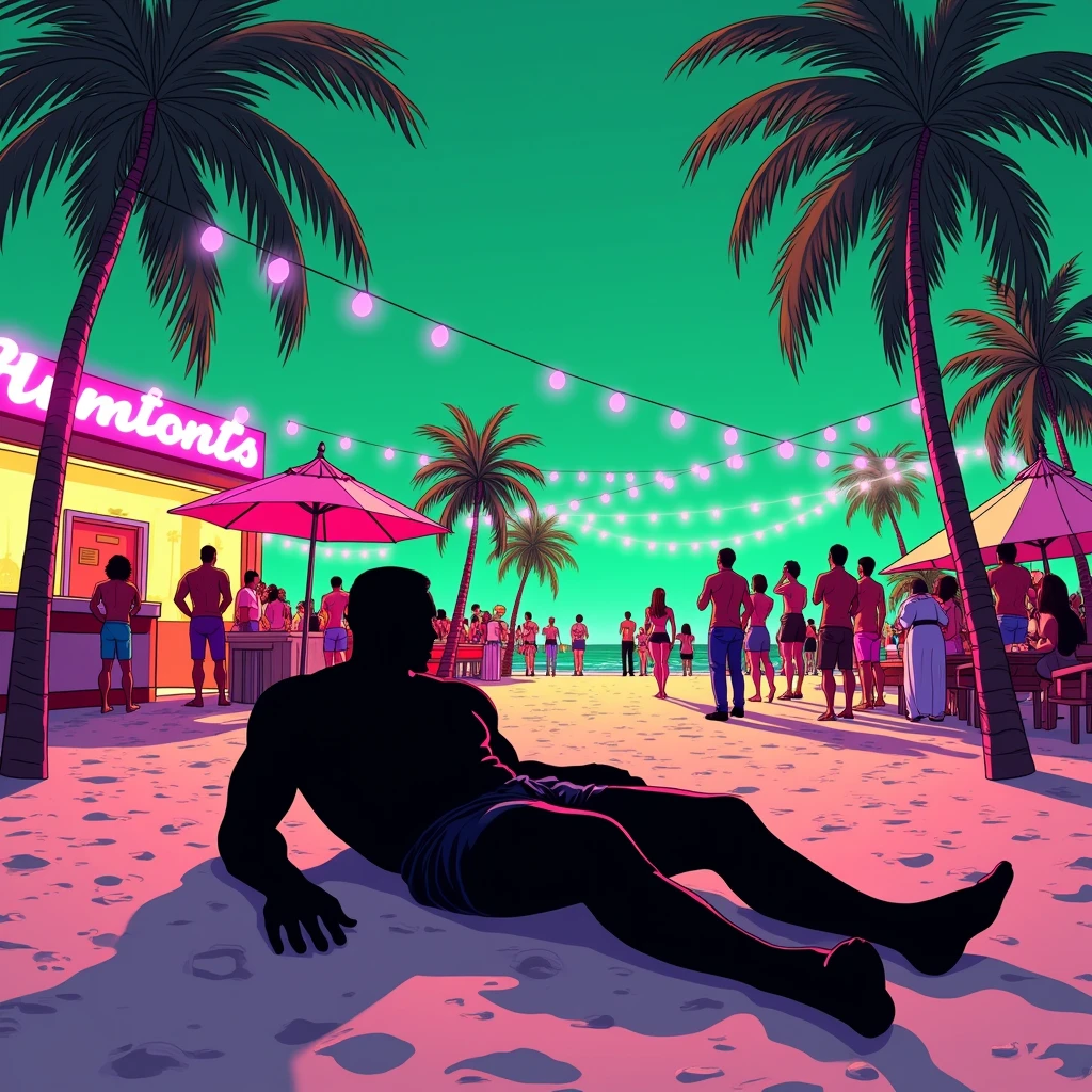 Black shadow of a man at a cartoon style party, the man is on the ground on a beach in Vice City GTA, Green sky