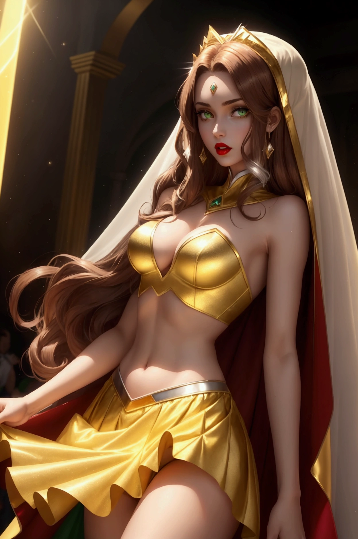 women . green eyes red lips long brown hair . diamond skirt. yellow tulle gold .silver cape tall athletic bodies slim waist medium breasts medium buttocks .in a party