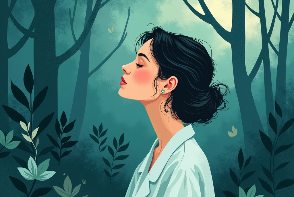 illustration portrait, femme sophorologue, dessin très simple, non detaillé, applat de couleur, ton bleu vert, nature