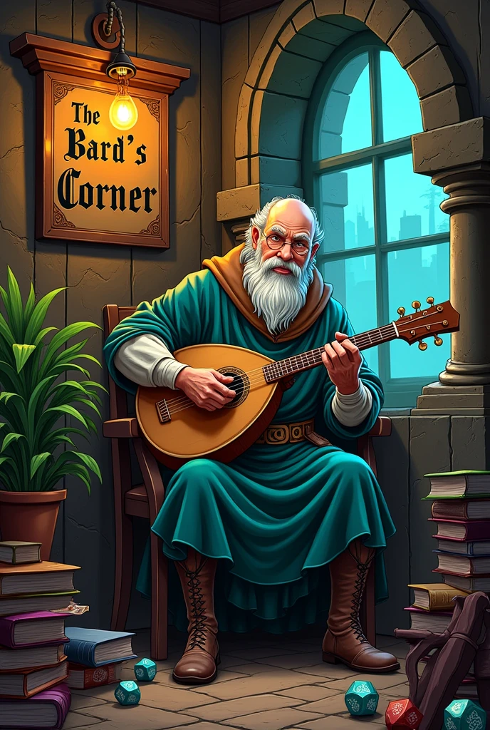 concept: A medieval bard with his lute or harp, sitting in a cozy and mysterious corner. I could be surrounded by books, D cards and dice&D, reflecting the mix between narrative and gameplay. colors: Warm tones such as browns and golds, that evoke a rustic and medieval atmosphere, with touches of emerald green or deep blue for a touch of magic. style:comic, funny, Cartoon, with a focus on details that convey the bard's personality and the atmosphere of the channel, with a sign that says "The Bard's Corner" a neon cyberpunk