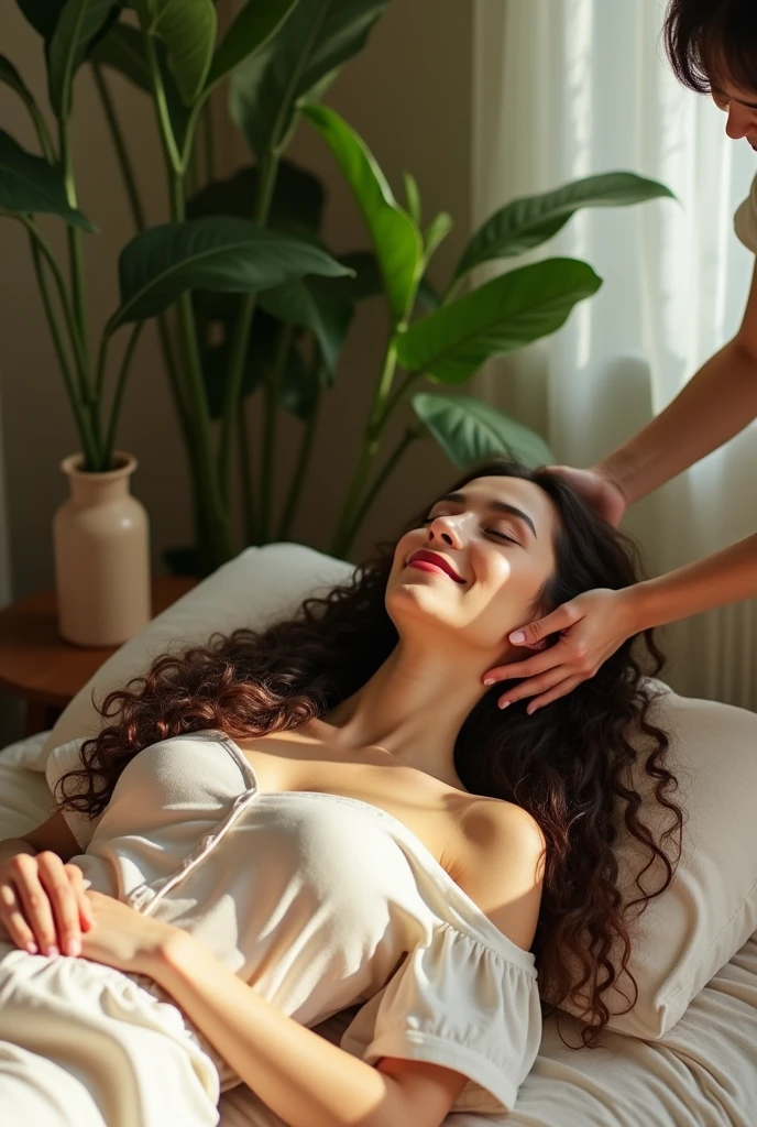 (photorealism:1.2), beautiful viet nam woman, sleep on bed, wearing loose off-shoulder top, pajama pants, long curly hair, indoors, soft lighting, plants in background, window with sunlight, cozy room, relaxed pose, realistic, intricate details, warm colors, massage by two hand