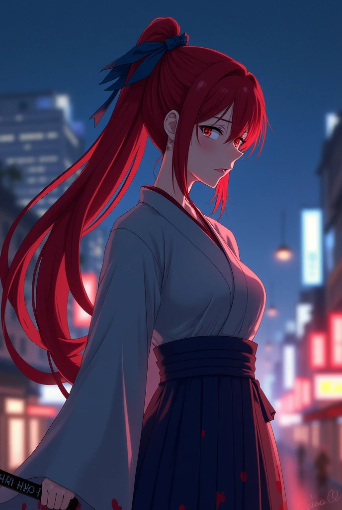 Anime, kimono, Japanese woman, blue eyes, red hair, long hair, ponytail, gray hakama, blue clothes, Japanese sword on left hip, large breasts, blue ribbon hair clip, night, Kyoto city, body covered in a waterfall of blood, face facing down, biting lower lip, lack of sparkle in eyes, standing, anime