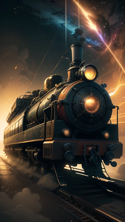 Fantasy,8k,Extremely detailed, masterpiece,High resolution,Highest quality,Increase the resolution,Cinema Lighting,Different space,4 dimensional world,Night on the Galaxy Express,cyber-,Steam locomotive type,A spaceship pulling multiple passenger cars,Maneuvering with Ether,30-car train、Run through the space zone,Numerous stars,Many Galaxies,Milky Way,Cruising at the speed of light,Seeing the Earth in the distance,Lightning-fast super express,Going to Andromeda,Wide angle of view,Vision,Floating in the air,In the dazzling light,Extremely colorful,The whole carriage is visible,Rail of light,999,Kenji Miyazawa