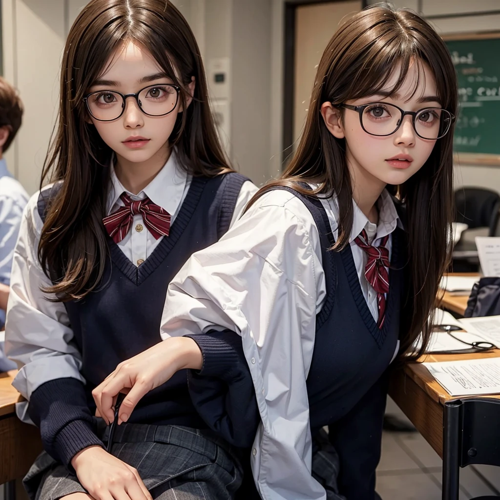 Brown haired nerd boy, He has glasses and a school uniform