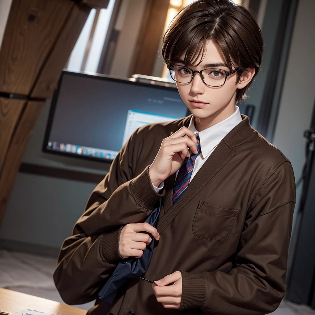 Brown haired nerd boy, He has glasses and a school uniform 