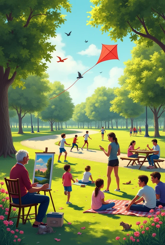 Create a picture of 10 people doing different activities plus activities 