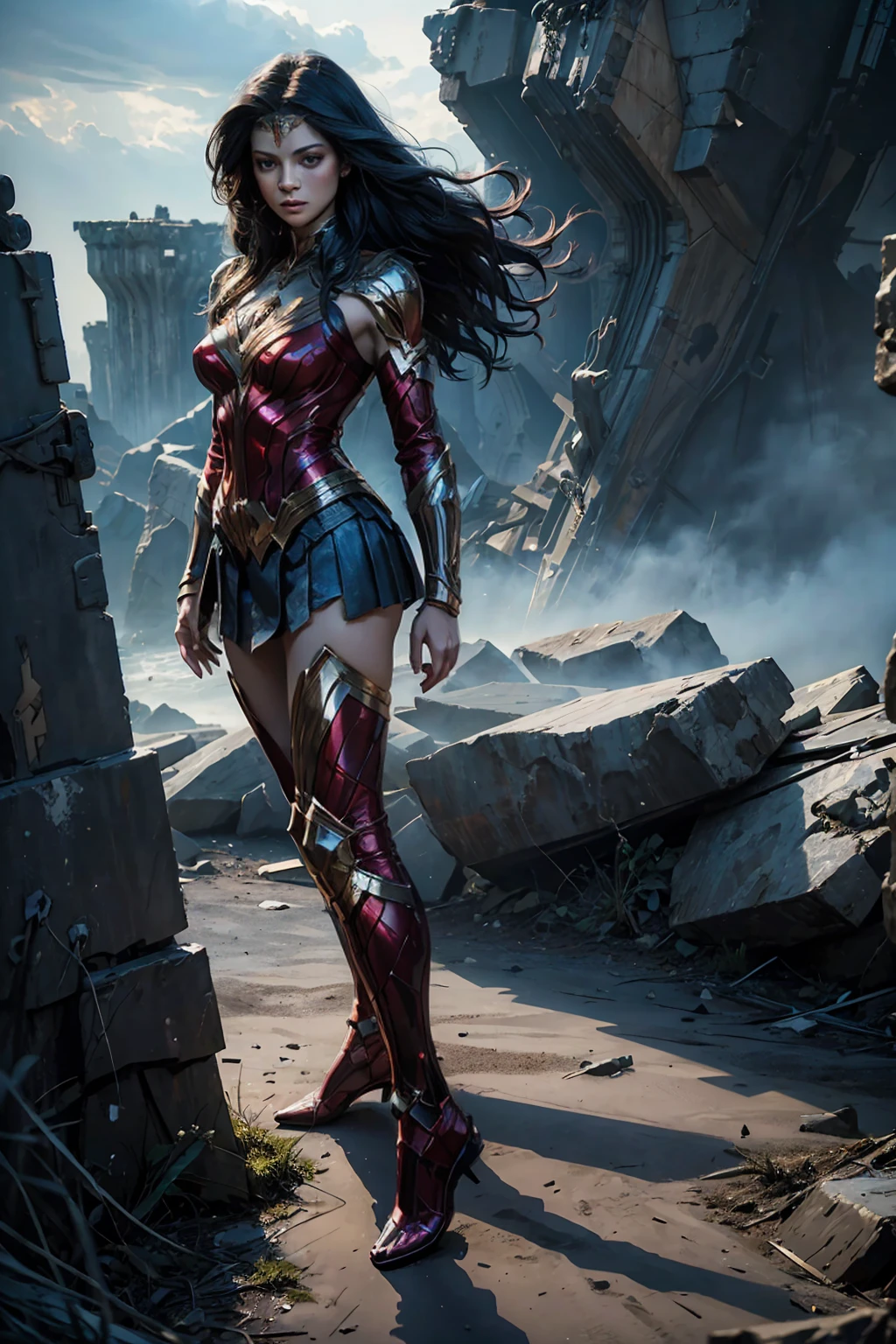 ((Full body photo, standing, feet on the ground))a scene from a movie Expansive landscapes dark fantasy image full - length dark force dominated evil superheroine alias Wonder Woman alliance action scene, dramatic, cinematic style, Ethereal landscapes, Vibrant colors, Intricate details