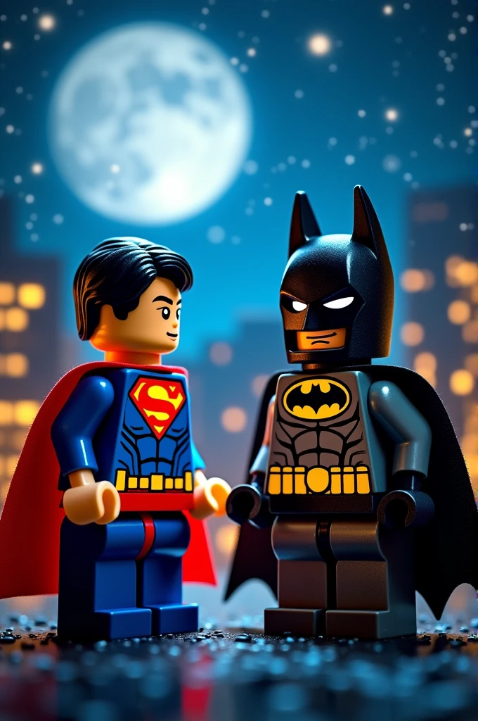 Superman and Batman in lego art, night