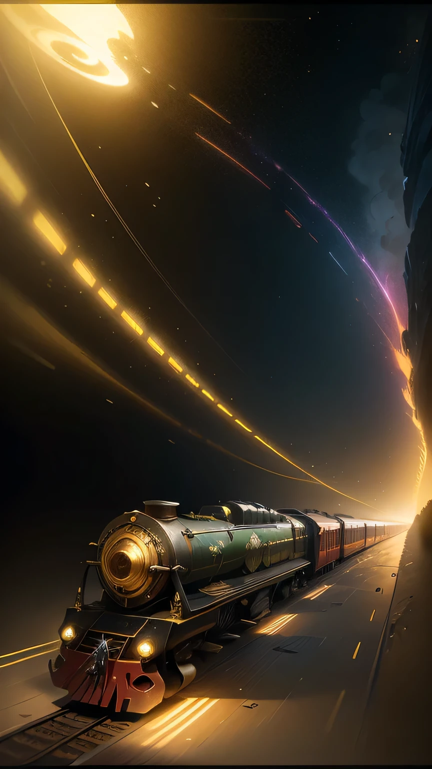 Fantasy，8k,Extremely detailed, masterpiece,High resolution,Highest quality,Increase the resolution,Cinema Lighting,Different space，4 dimensional world，Galaxy Express 999，cyber-，Steam locomotive type，A spaceship pulling multiple passenger cars，Maneuvering with Ether，30-car train、Run through the space zone，Numerous stars，Many Galaxies，Milky Way，Cruising at the speed of light，Seeing the Earth in the distance，Lightning-fast super express，Going to Andromeda，Wide angle of view，Vision，Floating in the air，In the dazzling light，Extremely colorful，The whole carriage is visible，Rail of light，999