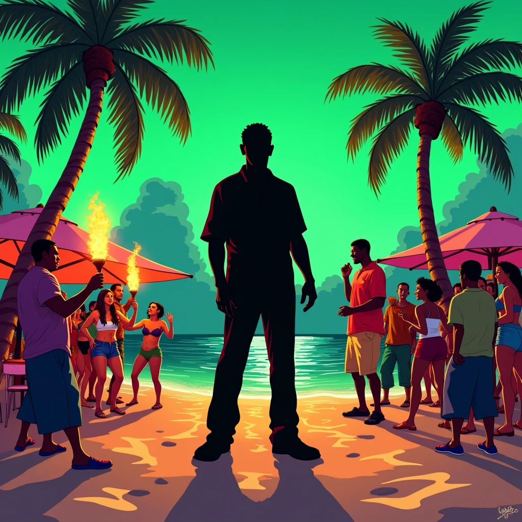 Black shadow of a man at a cartoon style party, on a beach in Vice City GTA, Green sky