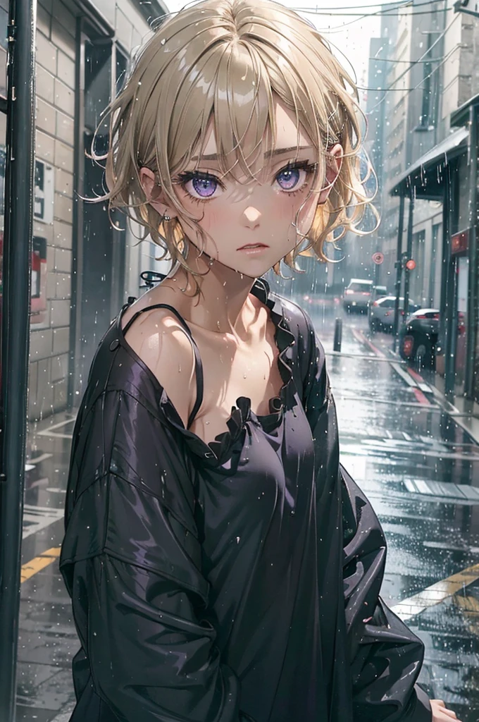 ((Nighttime)), ((gorgeous purple eyes)), Very short hair, Highly detailed, extreme detail, amazing art), raining, heavy rain, dark, midnight, 1girl, soaking wet drenched, wearing nothing but a pyjama shirt, shirt caramel-blonde hair, depressed, soaking wet hair, hair sticking to her face, heavy rain, thunderstorm, teal pyjama top, naked, petit chest, very short hair, buttoned up pyjama top, bare legs, no underwear, very dark night time, black sky, the only source of light is a single amber street light, no light, dark background, miserable, sad, crying, 