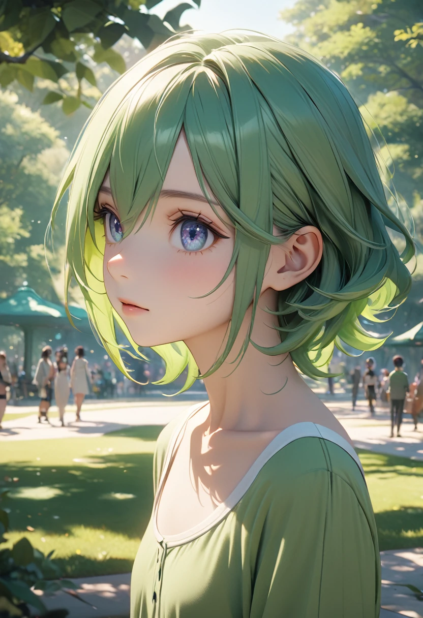 A beautiful, serene Pokemon with green hair, flat chest, 赤い瞳、detailed eyes, in a park setting, cinematic, masterpiece, high quality, 4k, 8k, hyperrealistic, photorealistic, ultra-detailed, vibrant colors, natural lighting, elegant, androgynous、スレンダー、