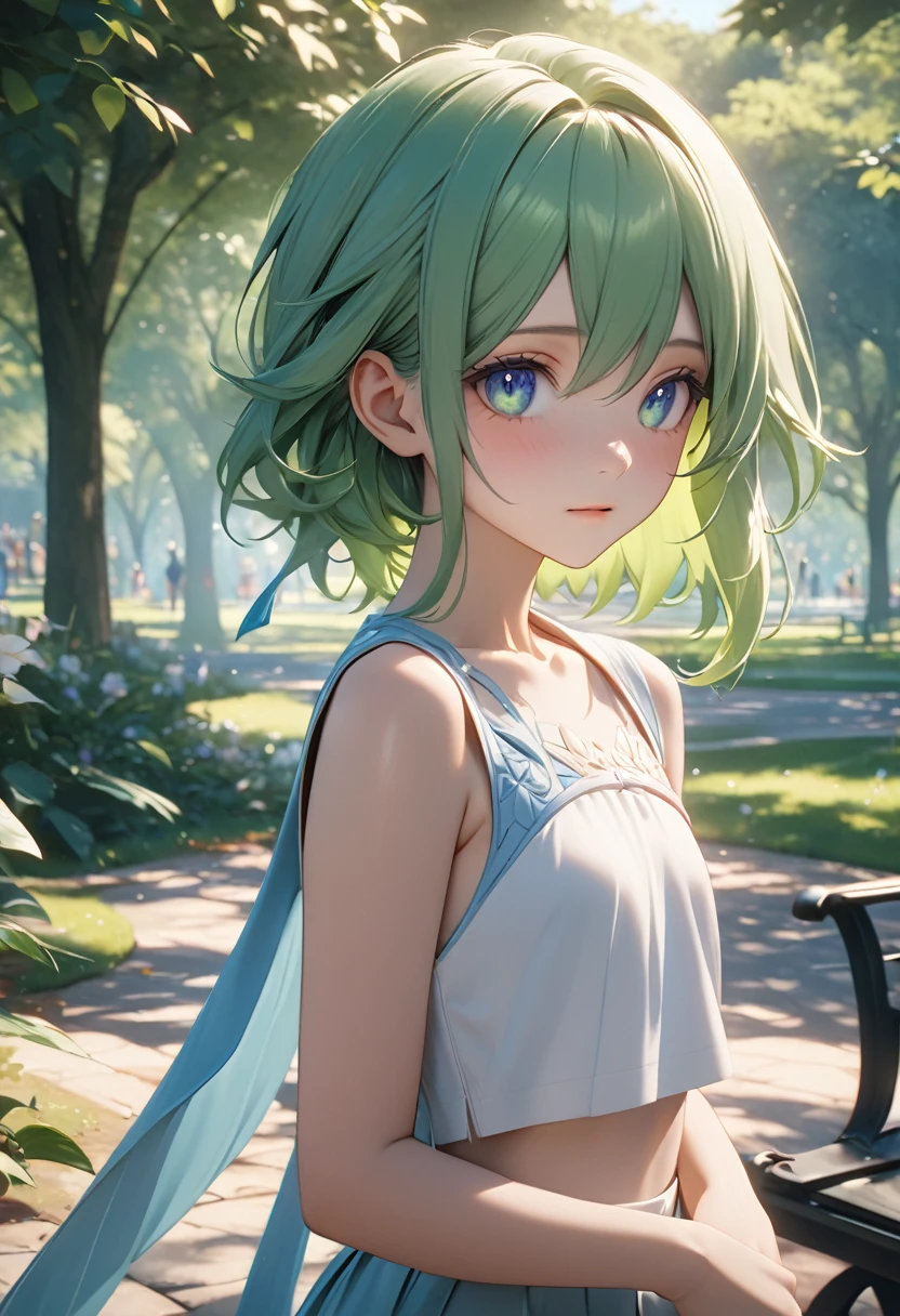 A beautiful, serene Pokemon with green hair, flat chest, 赤い瞳、detailed eyes, in a park setting, cinematic, masterpiece, high quality, 4k, 8k, hyperrealistic, photorealistic, ultra-detailed, vibrant colors, natural lighting, elegant, androgynous、スレンダー、