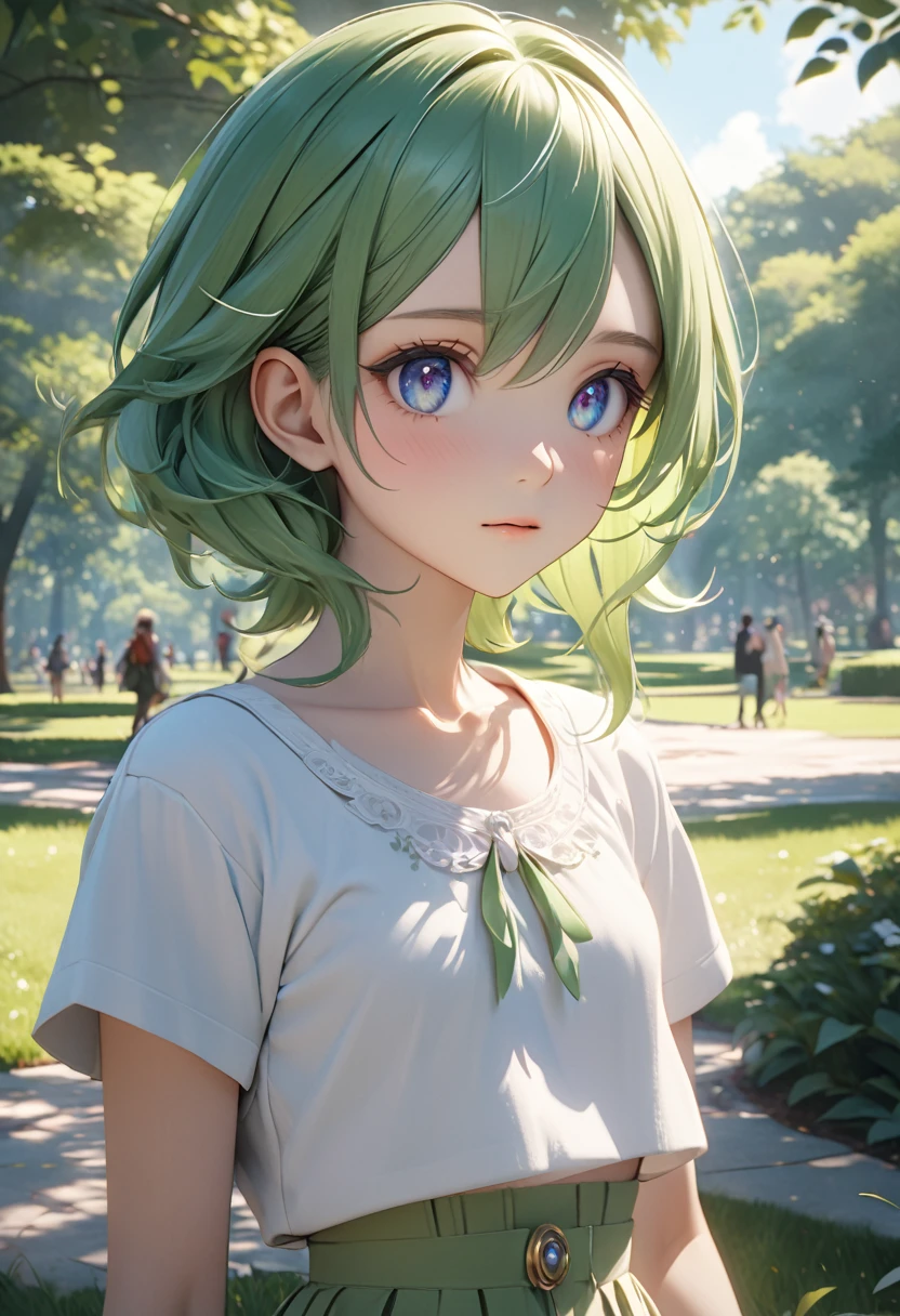 A beautiful, serene Pokemon with green hair, flat chest, 赤い瞳、detailed eyes, in a park setting, cinematic, masterpiece, high quality, 4k, 8k, hyperrealistic, photorealistic, ultra-detailed, vibrant colors, natural lighting, elegant, androgynous、スレンダー、