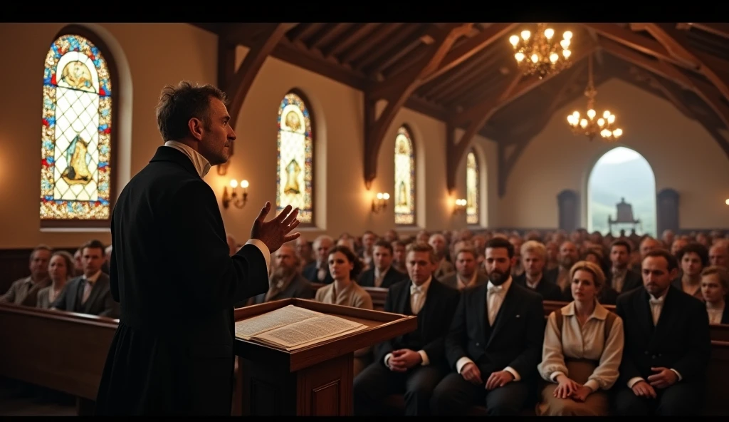 A pastor preaching to his 400 followers in 1800s Germany 