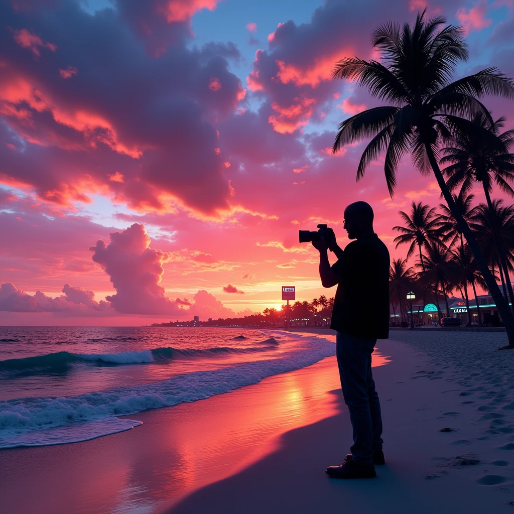 Black shadow of a man taking a photo on a beach in Vice City GTA, Red and blue sky