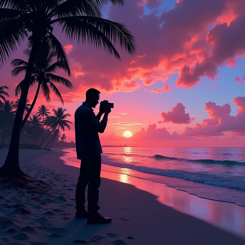 Black shadow of a man taking a photo on a beach in Vice City GTA, Red and blue sky