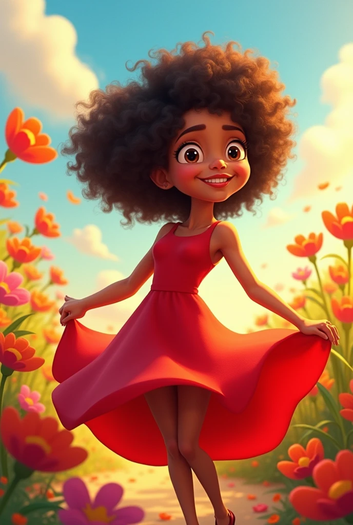 female cartoon character with brown skin and red dress and curly hair