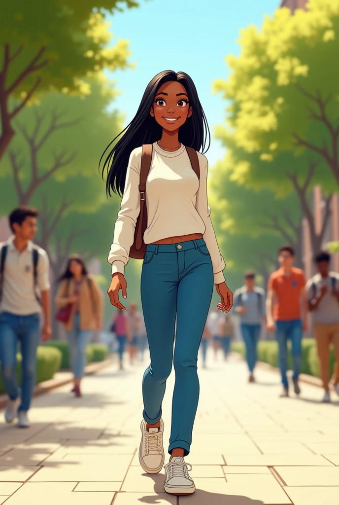 Believe me, a cartoon girl dressed as a doctor walking to the right , both with these characteristics: straight black hair, cinnamon skin blue long pants, White sweater, Fund sneakers at a university