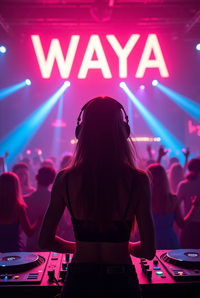 A neon sign saying WAYA。In the background is a cool woman DJing at a club.。3d