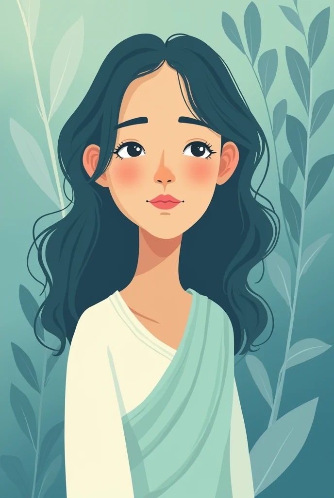 illustration portrait, femme sophorologue, dessin très très simple, non detaillé, applat de couleur, ton bleu vert, nature