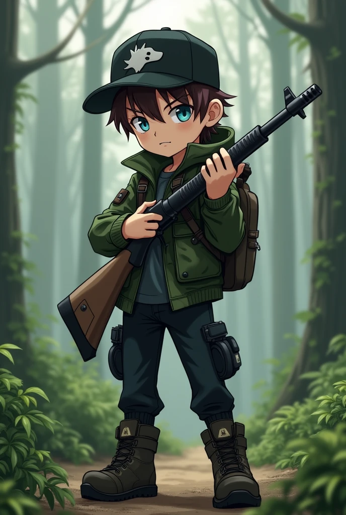 Anime style boy white skin blue eyes straight brown hair black cap with hound image green camouflage jacket with black black tactical pants stylish military boots precision hunting rifle and hunting spear