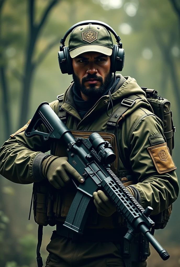hexagonal rubberized coat of arms, Camouflage background, arma rifle m4, with name Lukinha airsoft, operator with cap and headphones