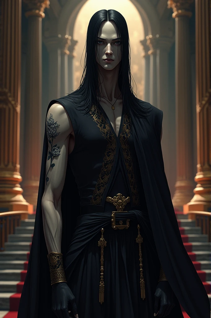Guard the Throne、Slender Man、cool、Black Hair、short、Overwhelming、A relaxed expression、Luxurious clothing、Flower Tattoo、anime