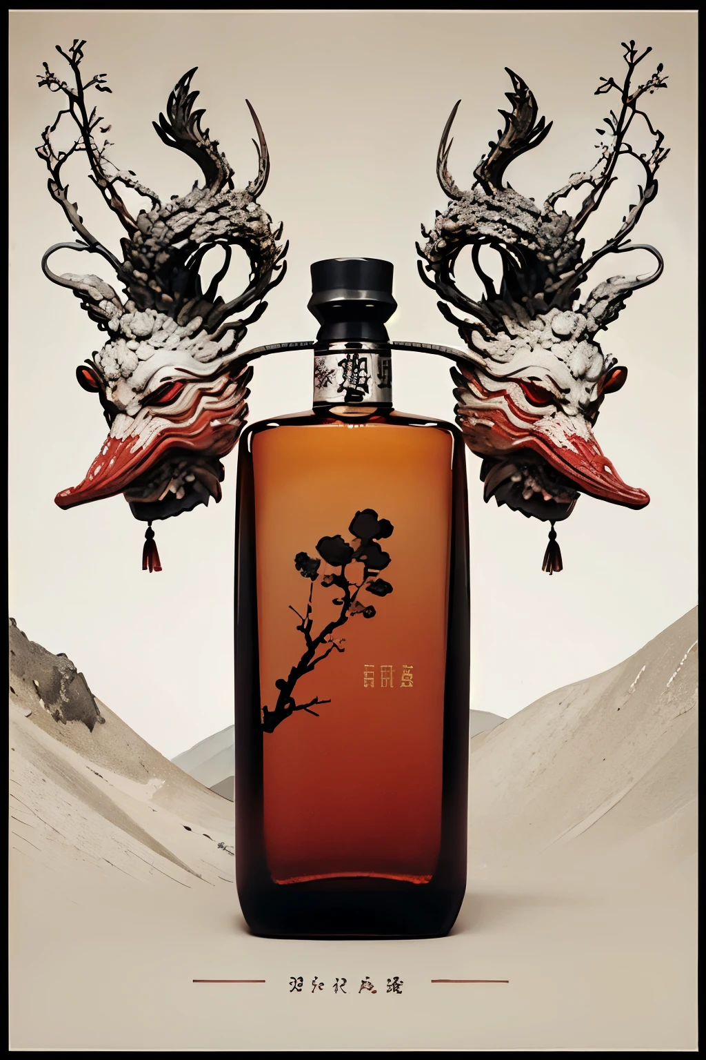 A product photo of a wine decanter,square wine bottle,Glass material, with ink and wash landscape patterns on the surface,Chinese painting,Perfume bottle,artistic silhouette,High-end elegance,Chinese Culture,Chinese style,high quality,surreal style